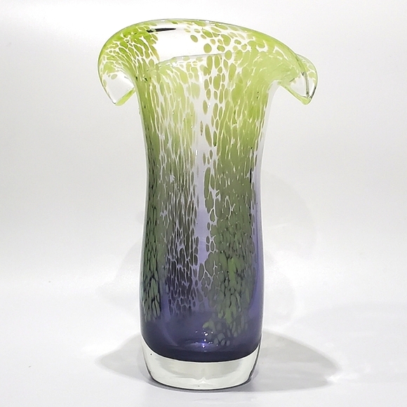 Vntg Murano Style Art Glass 7 1/2" Lime Green Clear Indigo Purple Vase - Picture 11 of 13